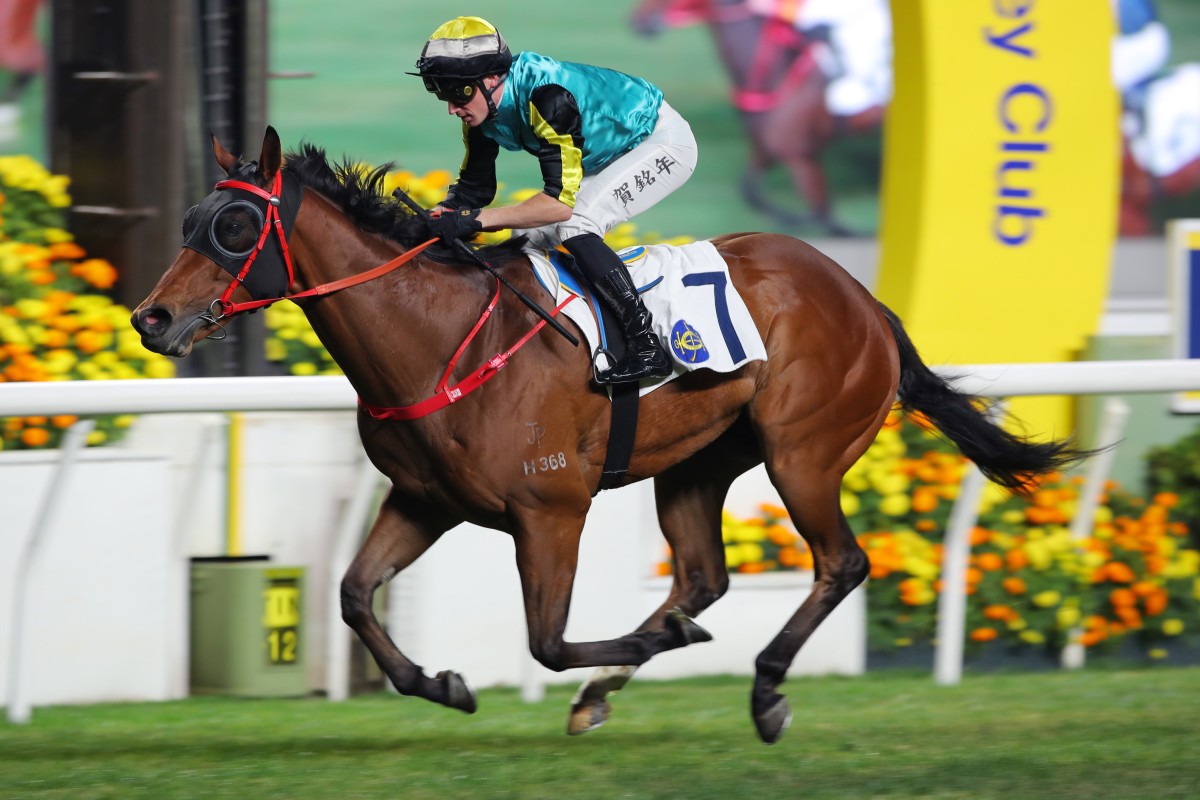 Antoine Hamelin lands his 100th Hong Kong winner aboard Raging Blizzard at Sha Tin on Sunday. Photos: Kenneth Chan