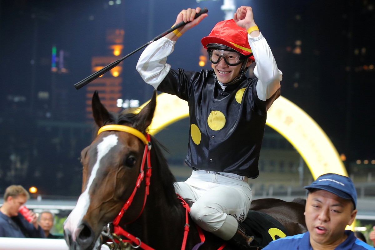 Jerry Chau is all smiles during his Happy Valley double on Thursday night. Photos: Kenneth Chan