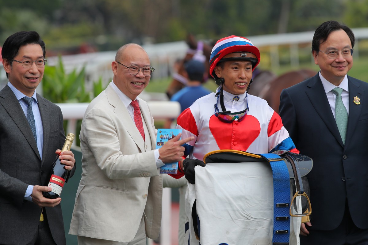 Trainer Chris So (second from left) and jockey Vincent Ho teamed up for a double at Sha Tin on Wednesday. Photos: Kenneth Chan