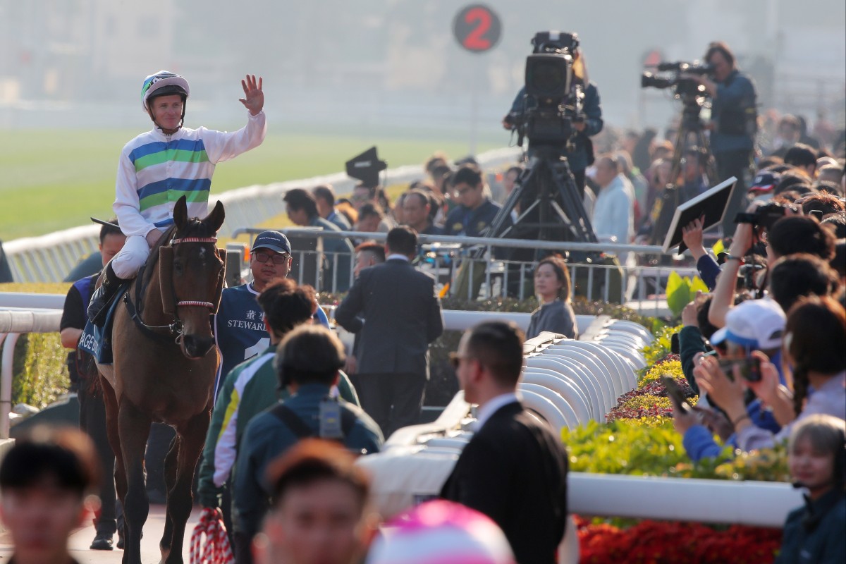 James McDonald waves to the Sha Tin crowd after Voyage Bubble’s win on Sunday. Photo: Kenneth Chan