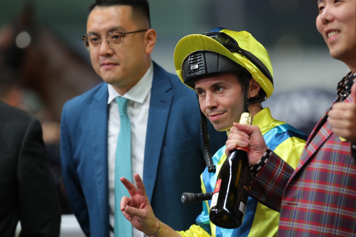 Mickael Barzalona celebrates his International Jockeys’ Championship win with Pierre Ng (left). Photos: Kenneth Chan