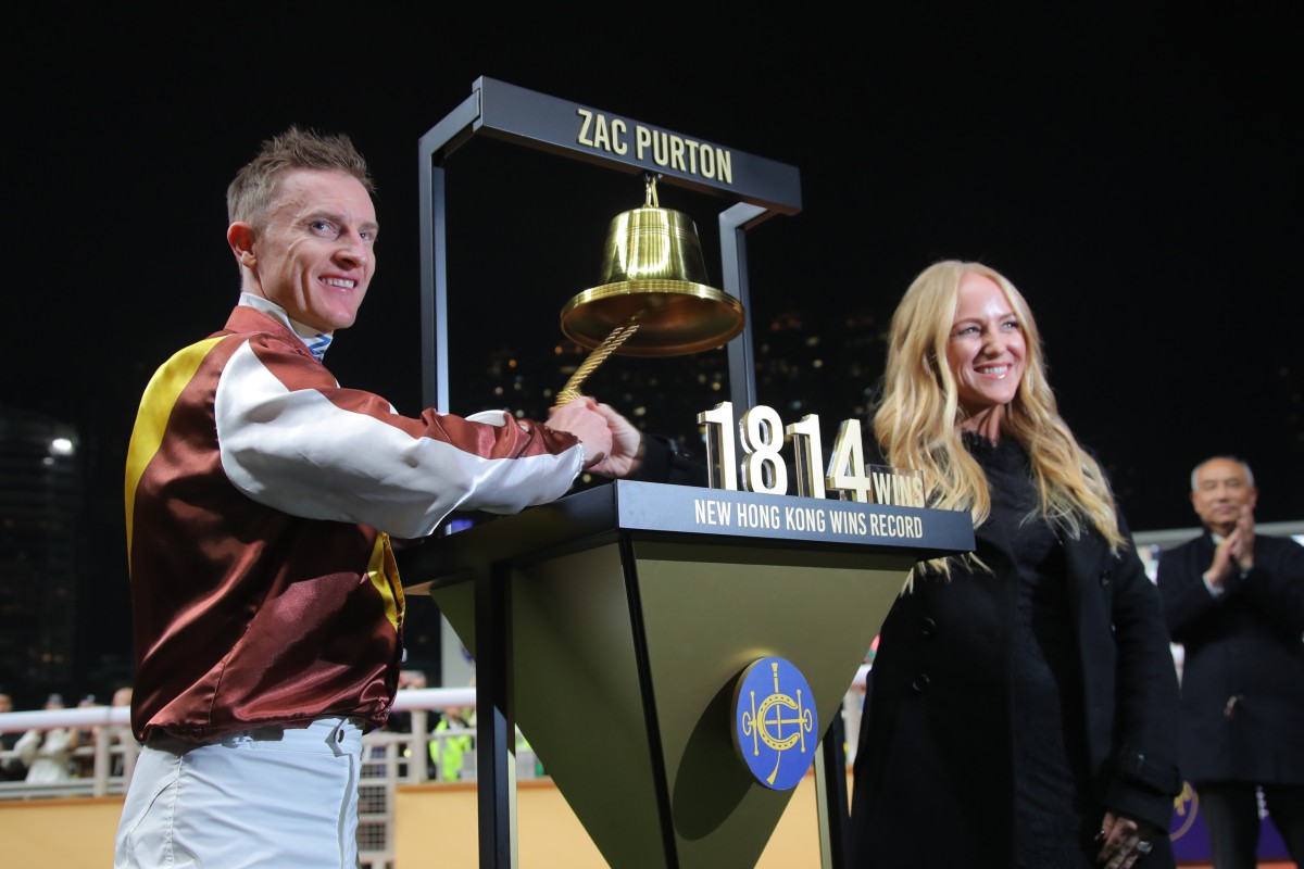 Zac Purton and wife Nicole after the champion jockey broke the all-time record for Hong Kong wins at Happy Valley on Wednesday night. Photos: Kenneth Chan 
