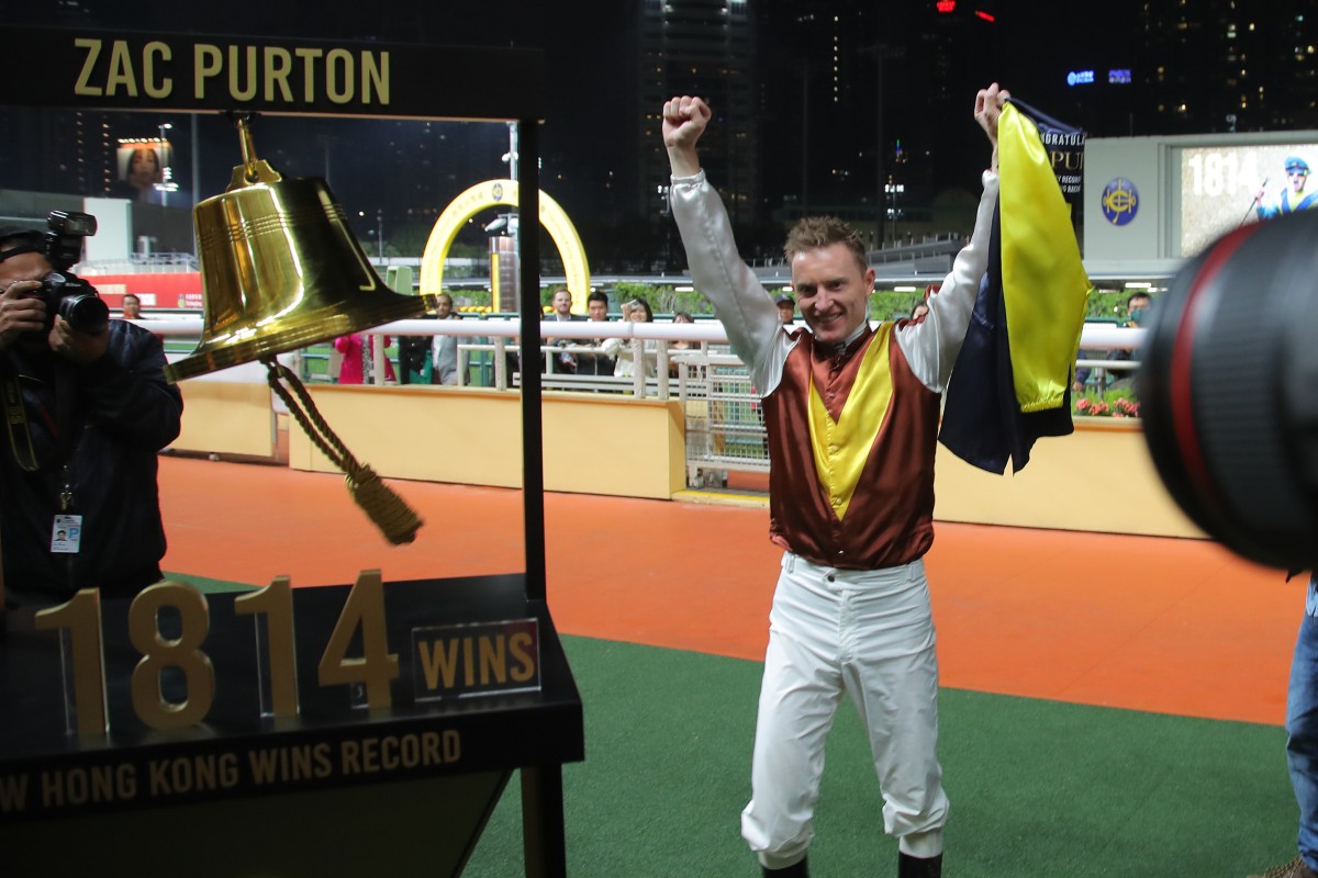 Zac Purton celebrates breaking the all-time Hong Kong wins record at the Valley last month. Photos: Kenneth Chan