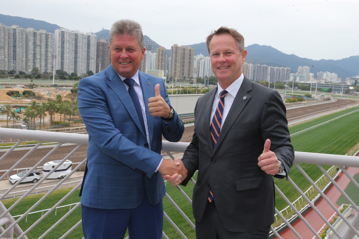 South African trainer Brett Crawford with Jockey Club executive Andrew Harding. Photos: Kenneth Chan
