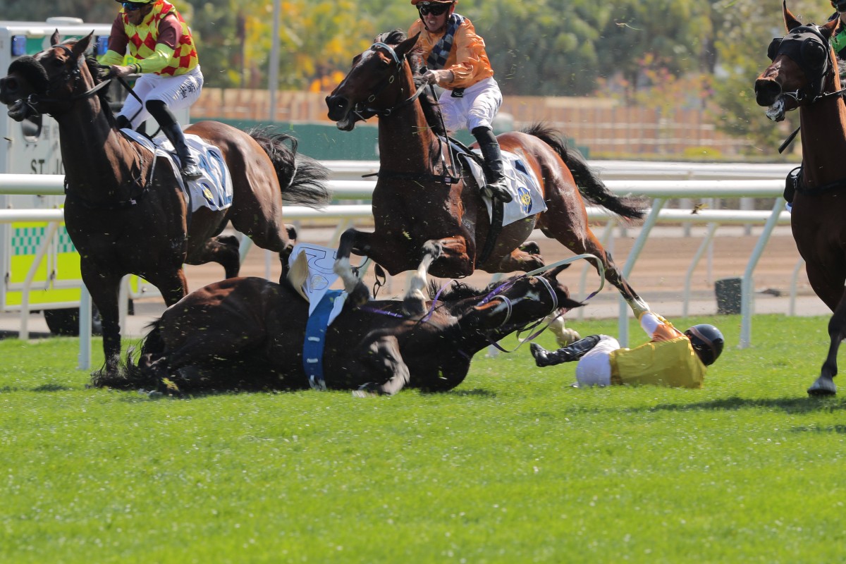 Jockey Vincent Ho hits the turf during race six at Sha Tin on Sunday. Photos: Kenneth Chan