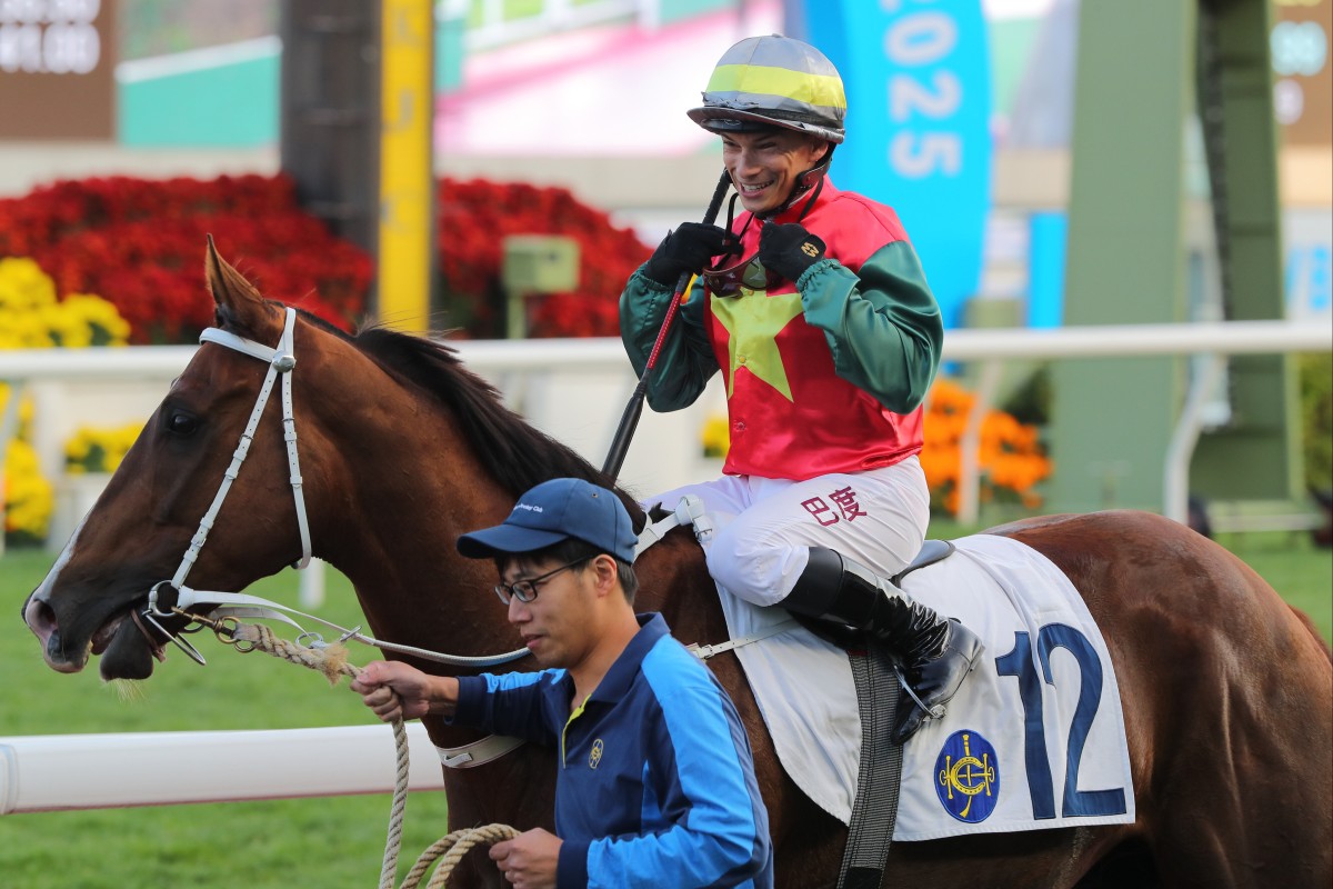 Alexis Badel is all smiles after making the most of the late call-up to ride Righteous Arion at Sha Tin on Sunday. Photos: Kenneth Chan