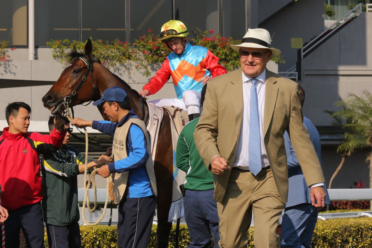 David Hayes with a spring in his step after Ka Ying Rising’s Group One Centenary Sprint Cup (1,200m) win last month. Photo: Kenneth Chan