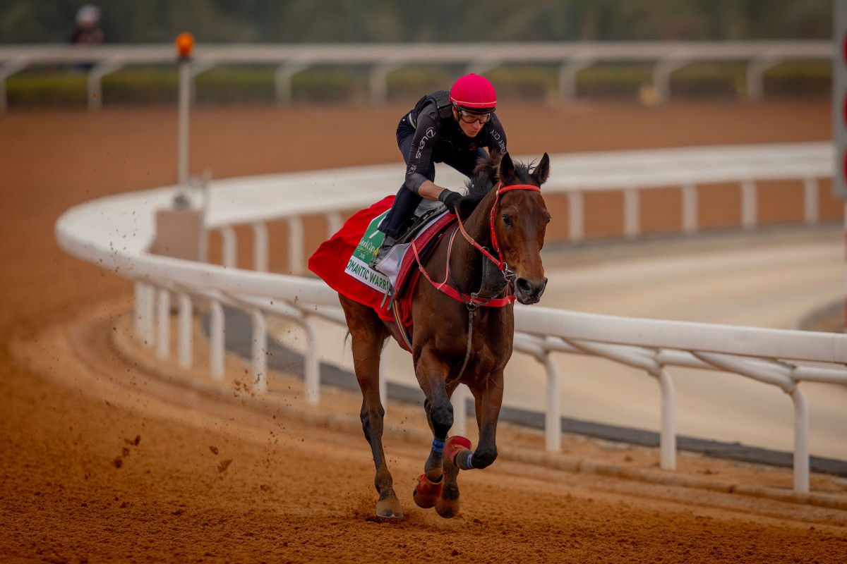 James McDonald puts Romantic Warrior through his paces on the dirt at King Abdulaziz Racecourse ahead of this weekend’s Saudi Cup. Photo: Alex Evers/HKJC