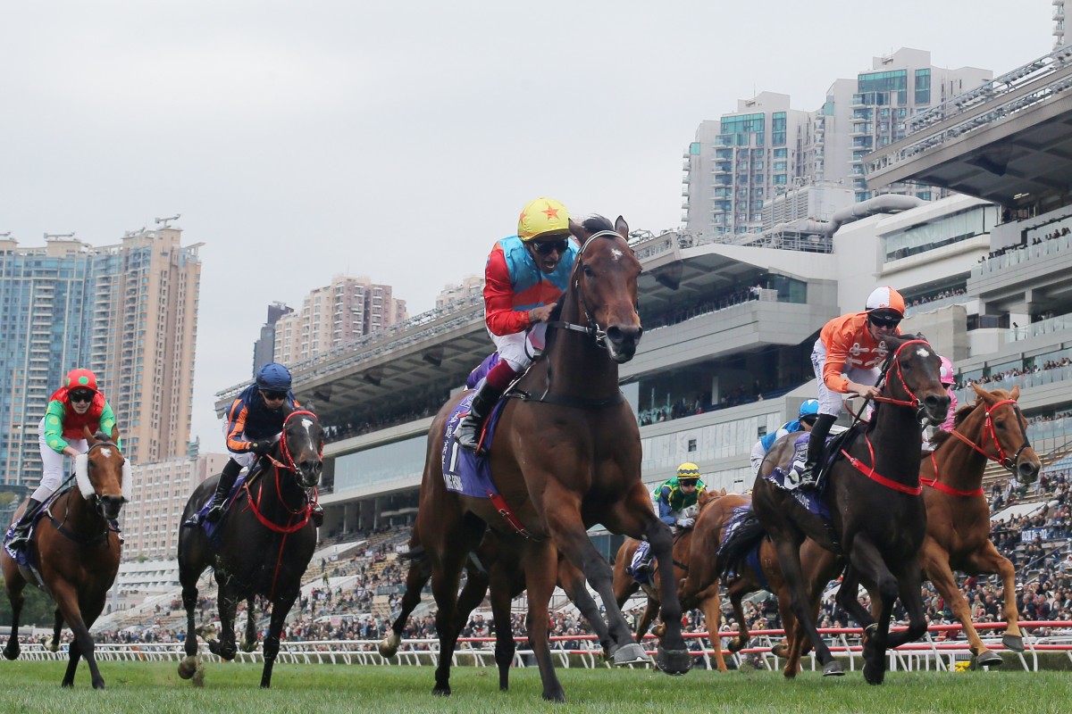 Ka Ying Rising (yellow cap) snares the Group One Queen’s Silver Jubilee Cup (1,400m) under Karis Teetan. Photos: Kenneth Chan