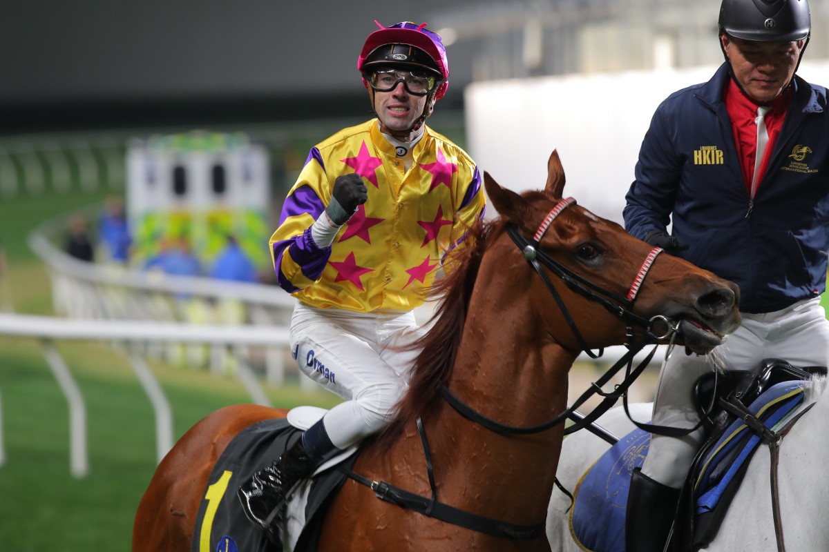 James Orman pumps his fist in celebration after winning on Charming Babe at the Valley. Photos: Kenneth Chan