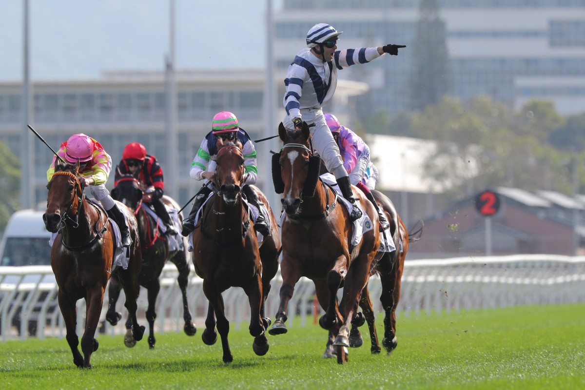 Brenton Avdulla points to the crowd after winning the Classic Cup (1,800m) aboard Rubylot. Photos: Kenneth Chan