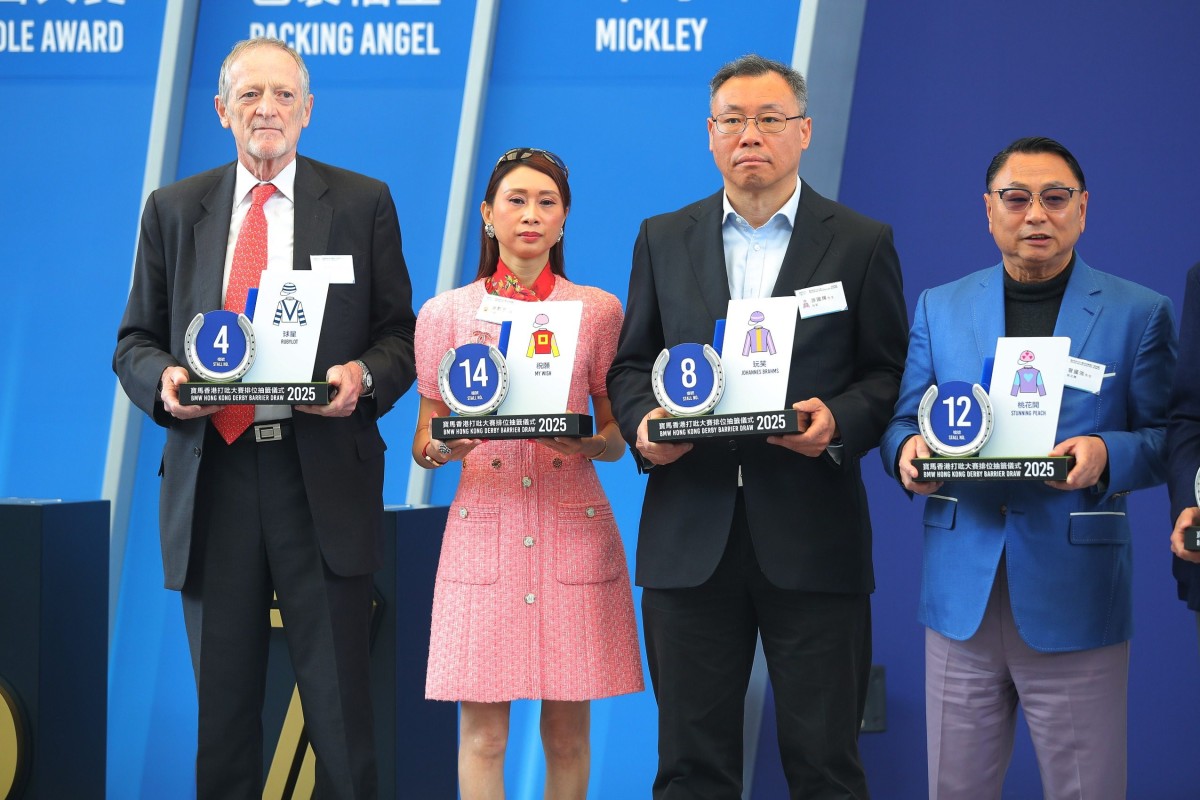 Connections of Rubylot, My Wish, Johannes Brahms and Stunning Peach at Thursday morning’s Hong Kong Derby barrier draw. Photos: Kenneth Chan
