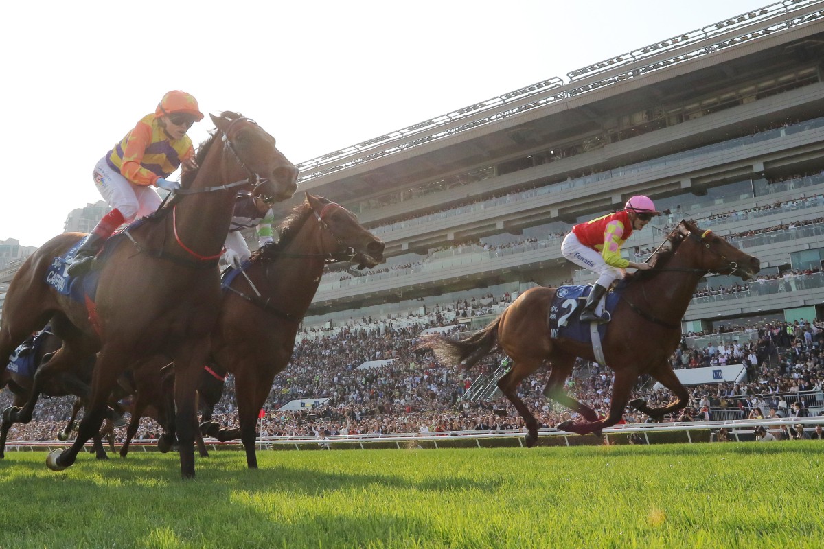 My Wish (right) falls narrowly short of Cap Ferrat (left) in Sunday’s Hong Kong Derby (2,000m). Photos: Kenneth Chan