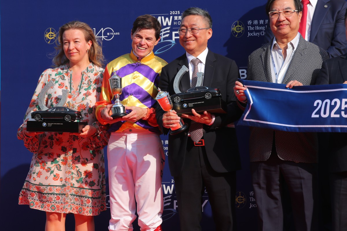 Jockey Craig Williams, trainer Francis Lui (second from right) and connections of Cap Ferrat celebrate his Derby triumph. Photos: Kenneth Chan