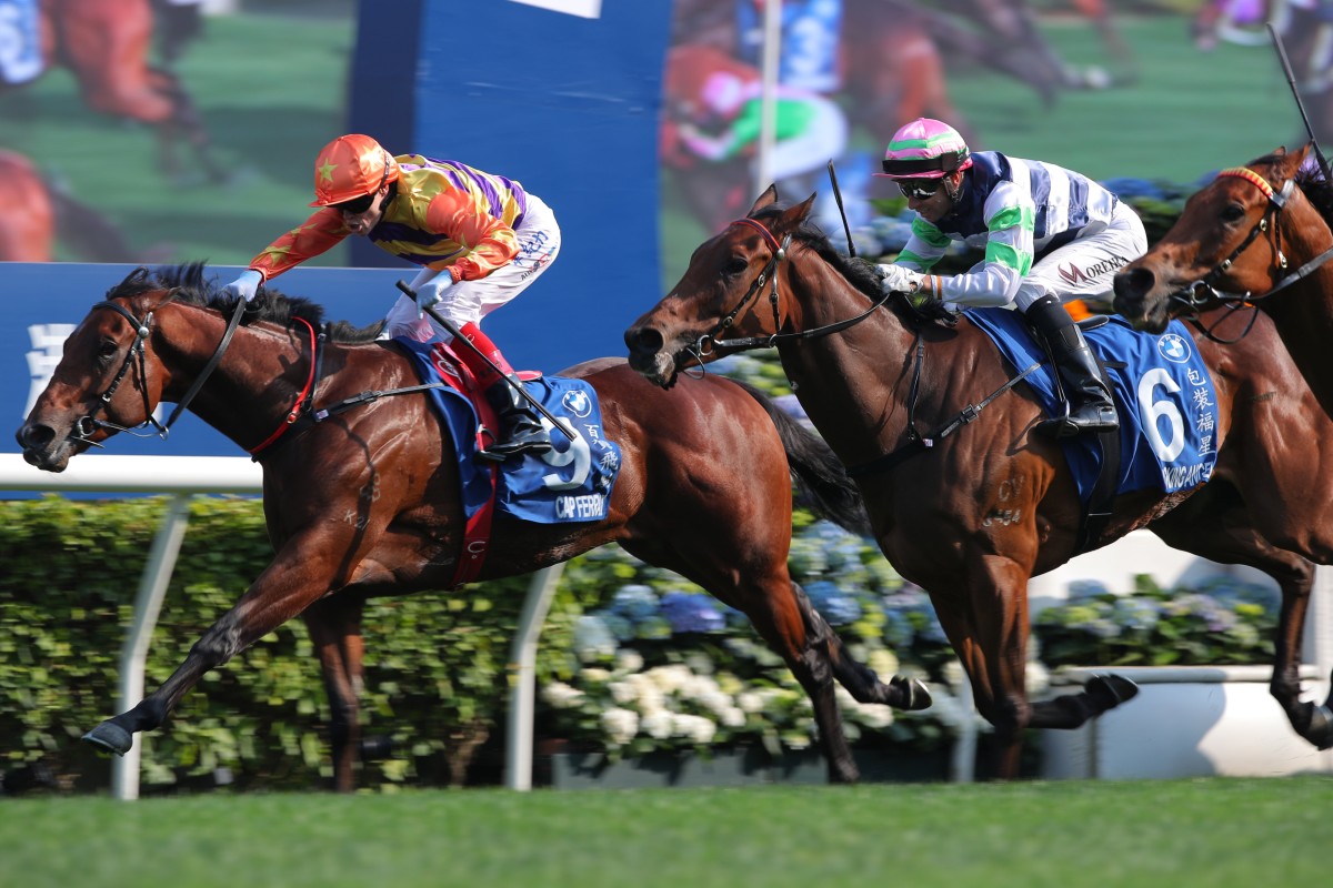 Packing Angel (right) finishes third behind Cap Ferrat in the Hong Kong Derby. Photos: Kenneth Chan