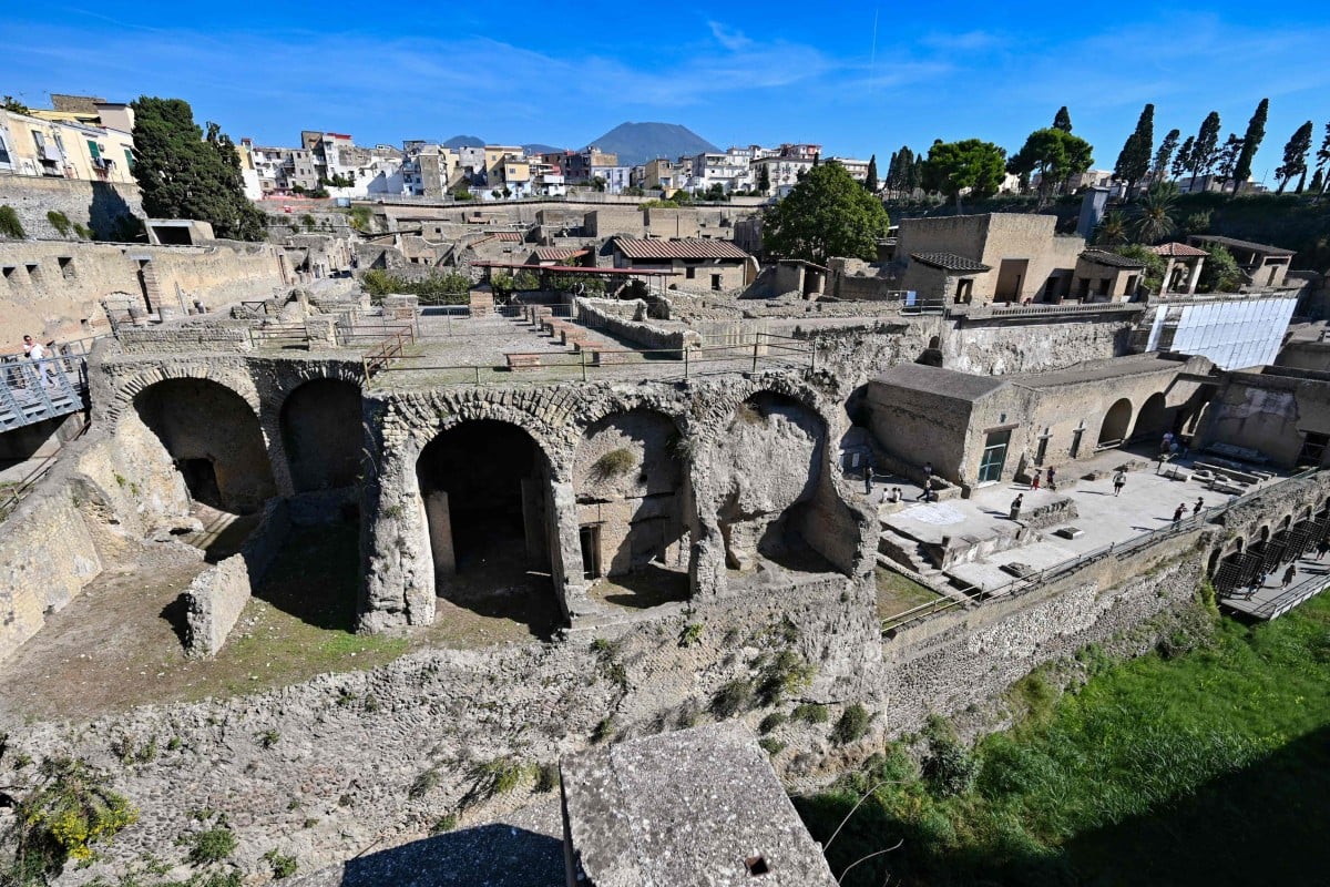 A view of the archaeological site of Herculaneum in Ercolano, near Naples, Italy, with the Mount Vesuvius volcano in the background. Photo: AFP