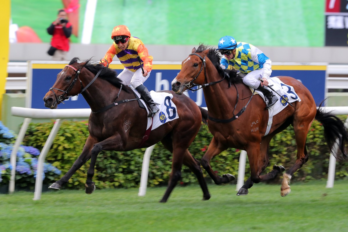 Matthew Poon guides Straight Arron to a narrow Chairman’s Trophy win over Galaxy Patch. Photos: Kenneth Chan