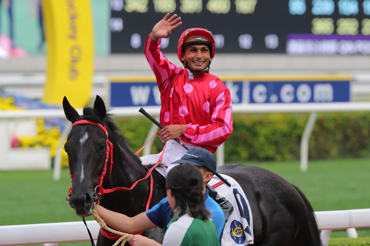 Karis Teetan is all smiles after landing a treble at Sha Tin. Photos: Kenneth Chan
