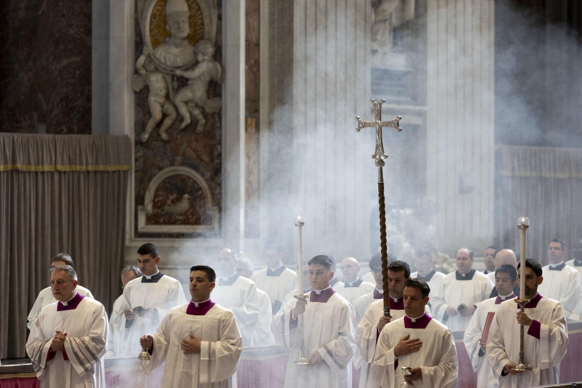 The procession with Pope Francis’s coffin enters St Peter’s Basilica where his body will lie in state, in Vatican City. Photo: EPA-EFE