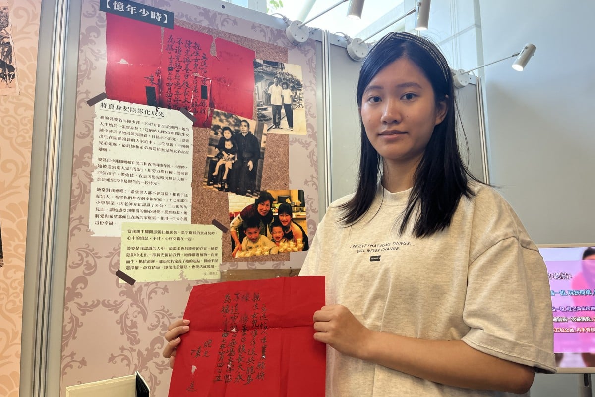 Toby Sin Chee, 21, a final-year creative media student at City University of Hong Kong, chose her grandmother’s contract of indenture as the centrepiece of her family story for the “Glimpses of the Past: Stories of Family Heirlooms” project at Hang Seng University. Photo: Handout