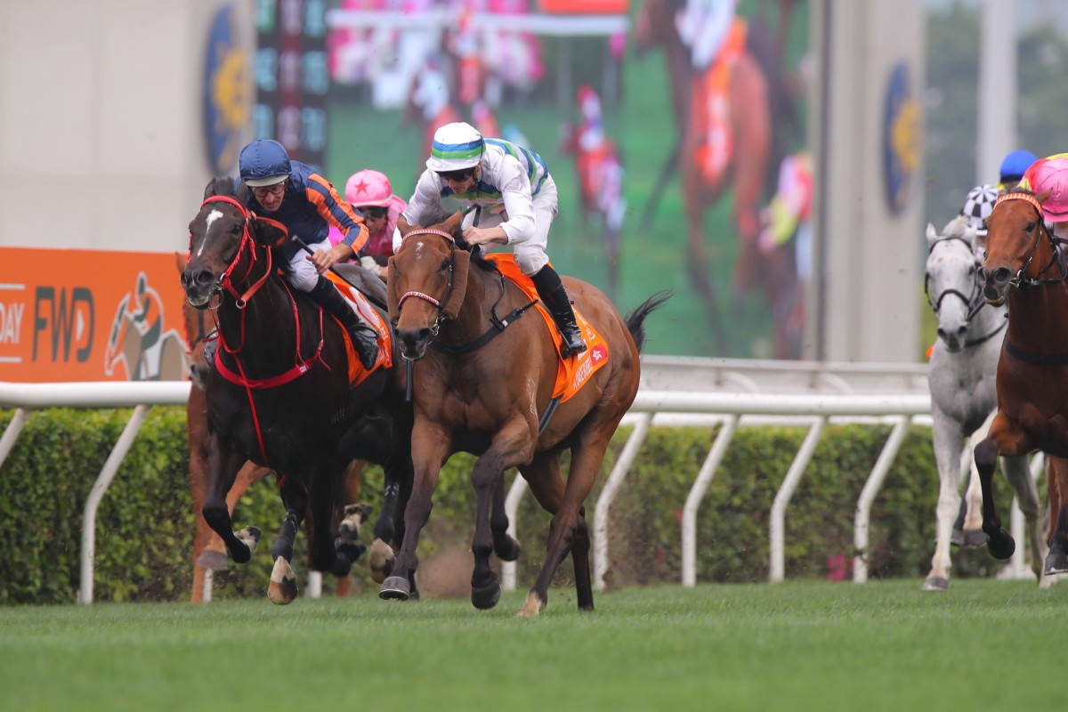 Red Lion (inside) outlasts Voyage Bubble in the Champions Mile. Photos: Kenneth Chan