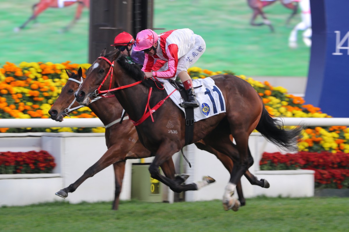 Noisy Boy (outside) gets up for a Class Two success under Andrea Atzeni. Photos: Kenneth Chan
