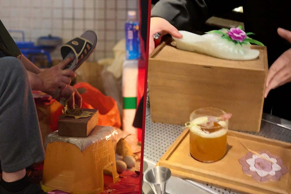 One Chinese bar is offering customers cocktails accompanied with slippers for them to use to banish bad vibes. Photo: SCMP composite/Shutterstock/Douyin