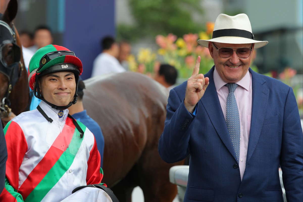 Apprentice Ellis Wong and trainer David Hayes are all smiles after Solid Shalaa’s Sha Tin victory. Photos: Kenneth Chan
