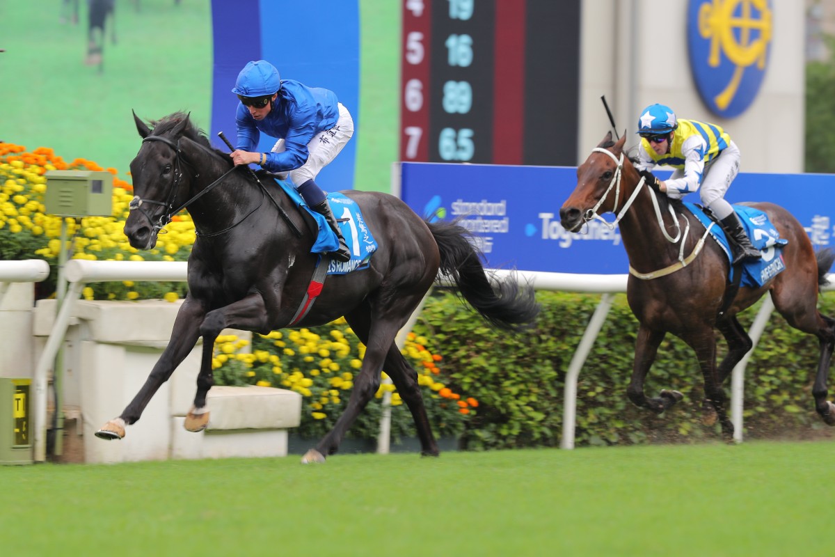 Rebel’s Romance becomes the first overseas winner of the Group One Champions & Chater Cup (2,400m). Photo: Kenneth Chan