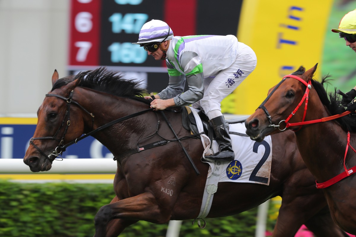 Light Years Charm gets up late to salute under Zac Purton last month. Photo: Kenneth Chan