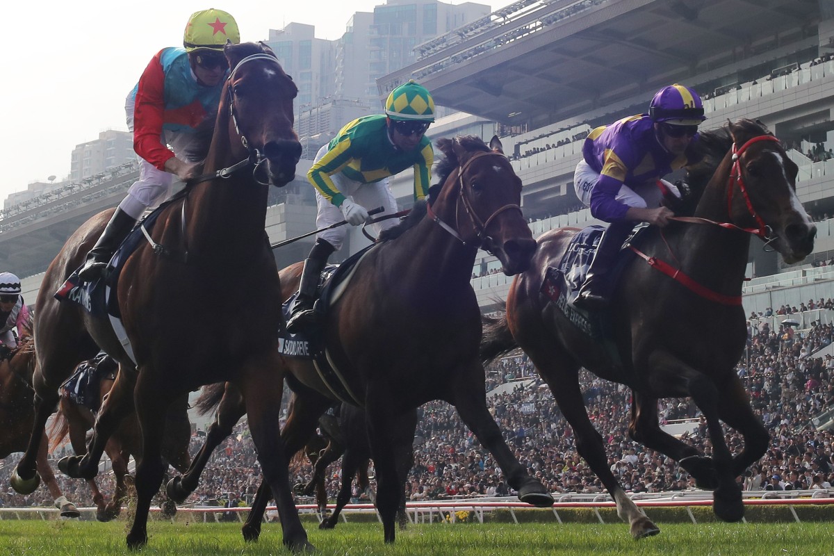 Satono Reve (centre) finishes third behind Ka Ying Rising (left) and Helios Express (right) in December’s Group One Hong Kong Sprint (1,200m) at Sha Tin. Photo: Kenneth Chan