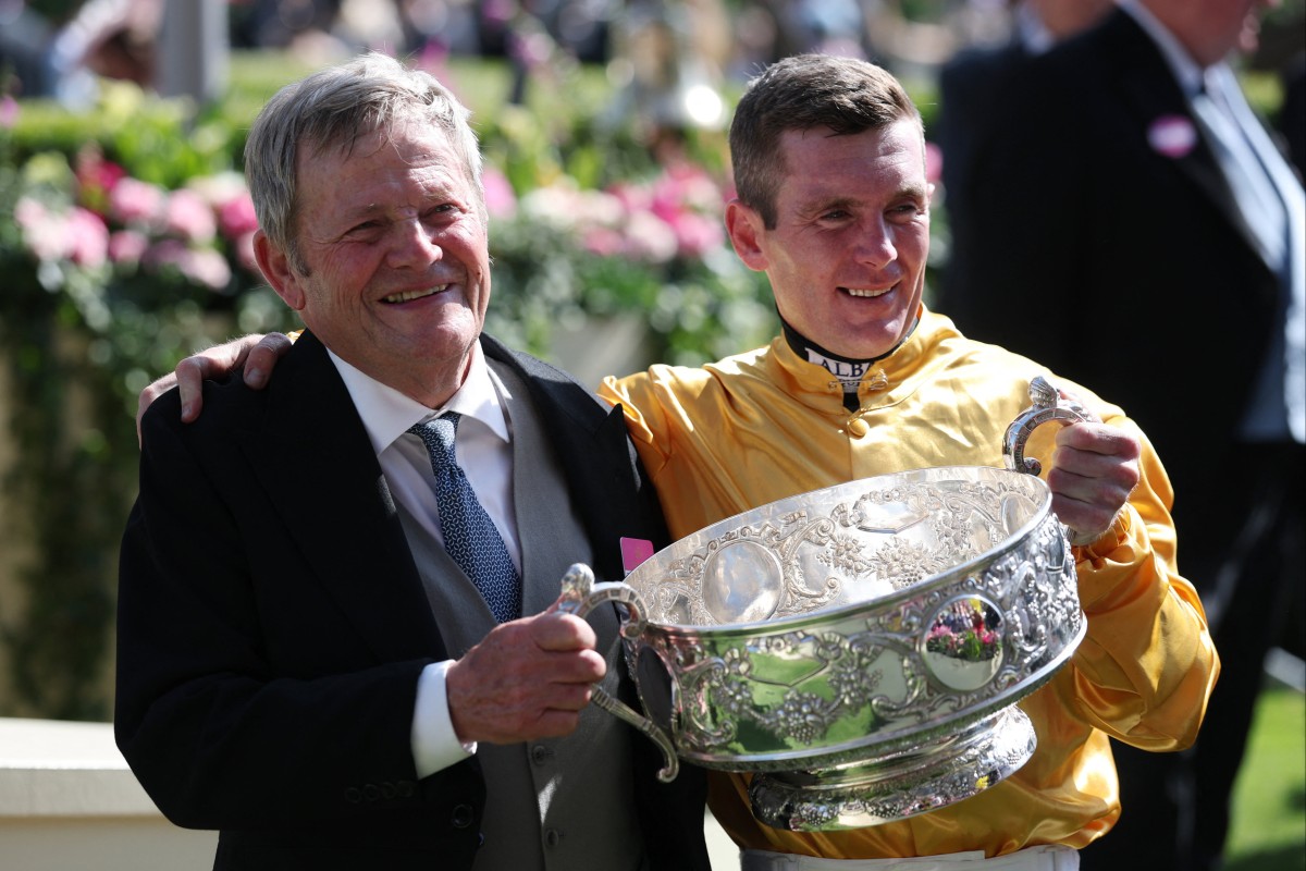 Trainer Joe Murphy and jockey Gary Carroll celebrate after Cercene’s win in the Coronation Stakes. Photo: Reuters