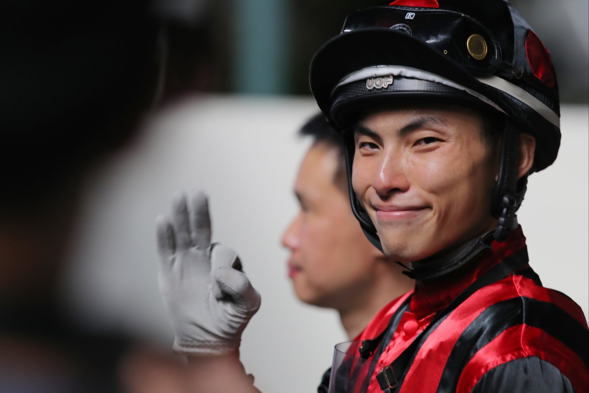 Ellis Wong enjoys his maiden Hong Kong treble at Sha Tin on Saturday. Photo: Kenneth Chan
