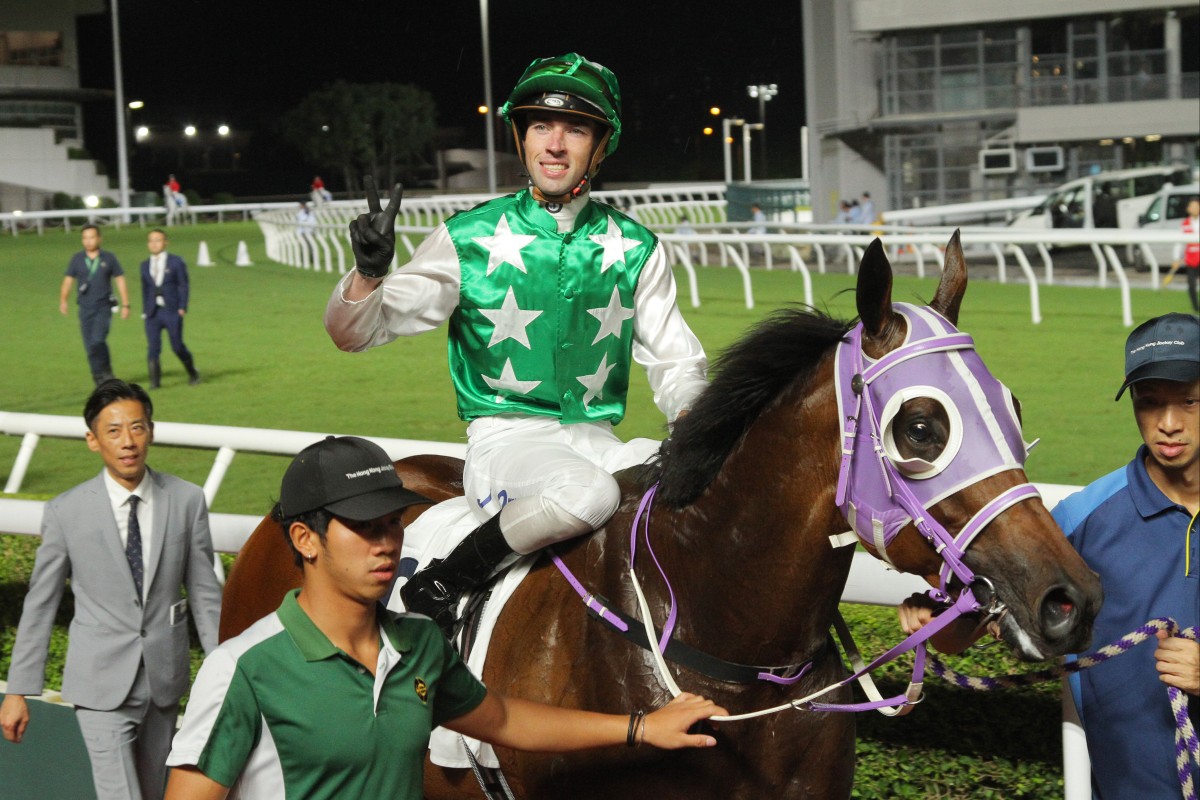 Jockey James Orman enjoys his first Hong Kong double. Photo: Kenneth Chan