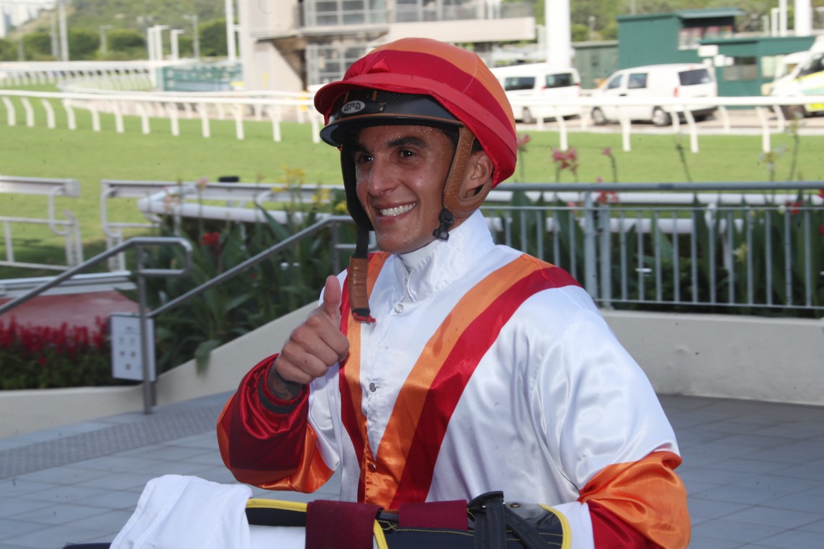 Hong Kong-based Keagan de Melo is in action at Greyville on Sunday. Photo: Kenneth Chan