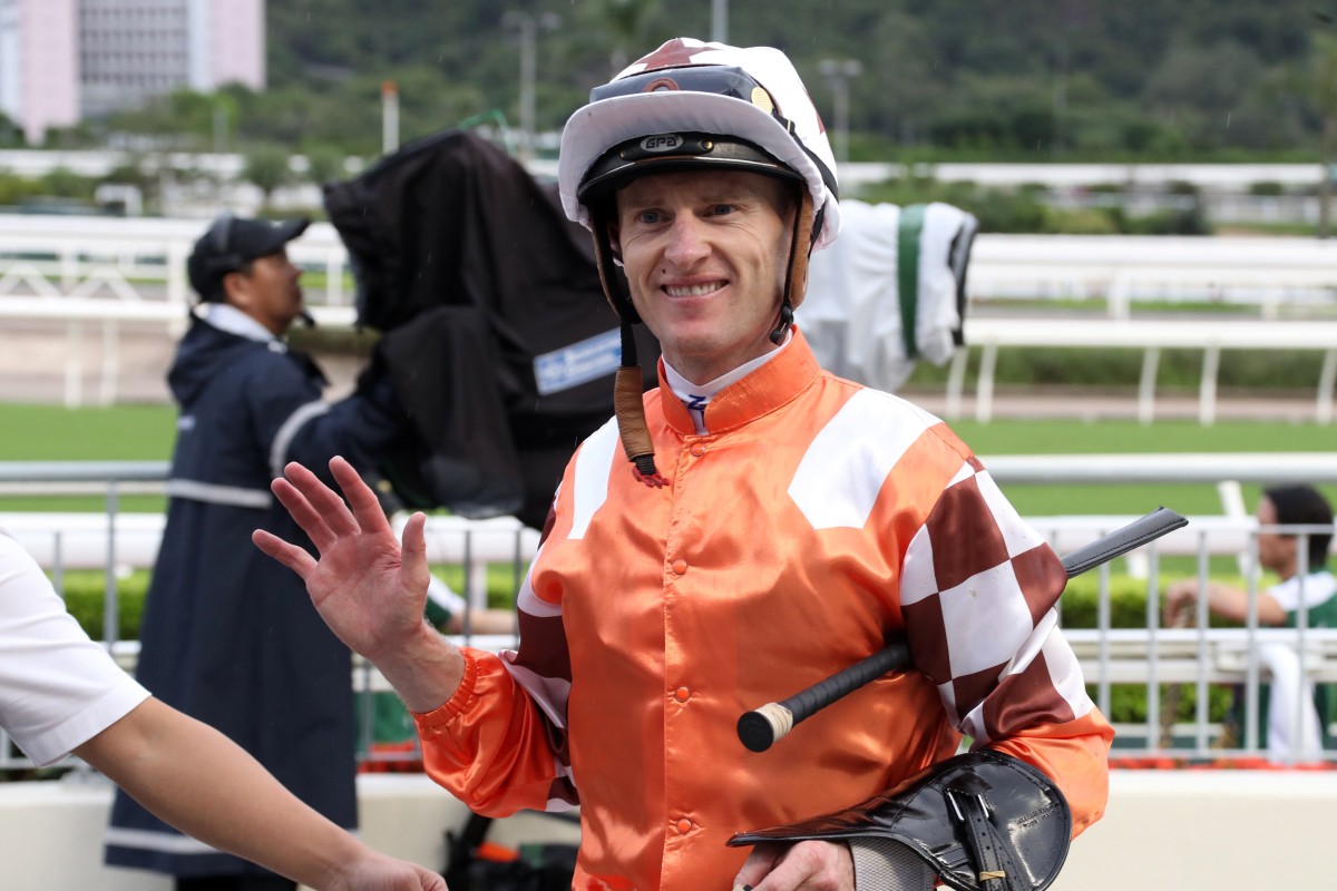 Zac Purton celebrates his Sha Tin five-timer. Photos: Kenneth Chan