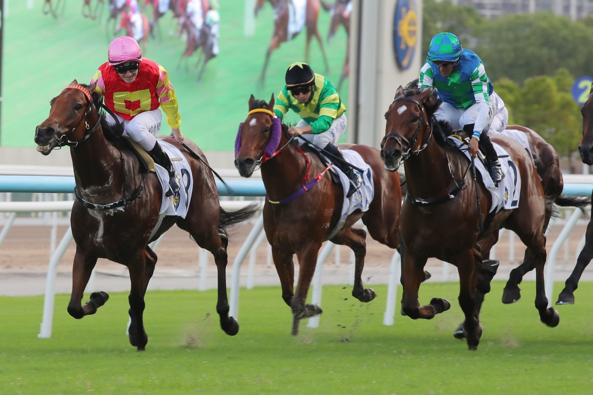 My Wish (left) wins the Group Three Celebration Cup (1,400m) at Sha Tin on Sunday. Photos: Kenneth Chan