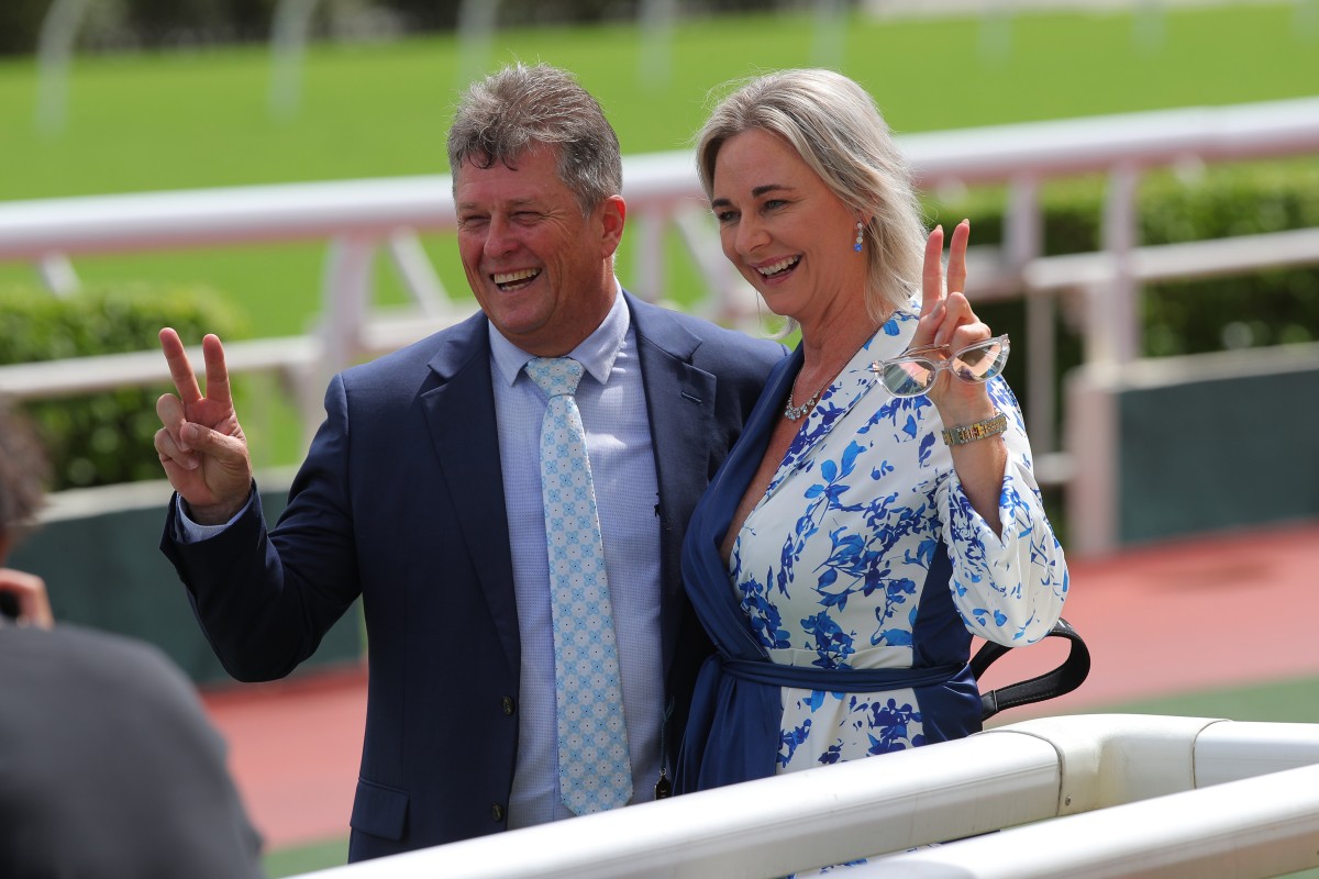 Trainer Brett Crawford enjoys his breakthrough double with partner Gwen. Photos: Kenneth Chan 