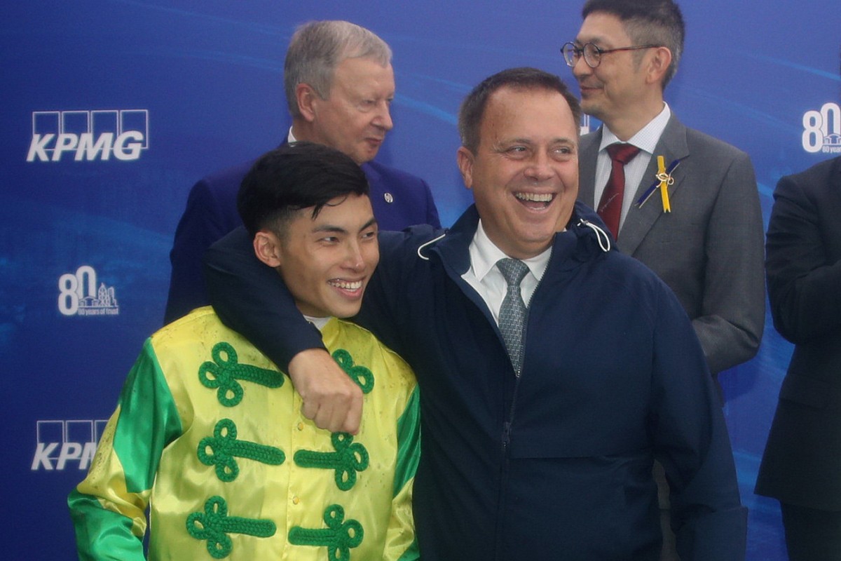 Jockey Ellis Wong and trainer Caspar Fownes revel in Sky Trust’s recent success. Photo: Kenneth Chan