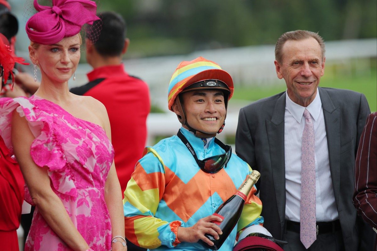 Trainer John Size celebrates Ka Ying Power’s win with jockey Keith Yeung. Photos: Kenneth Chan