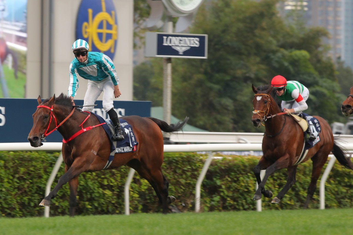 Romantic Warrior wins last year’s Group One Hong Kong Cup under James McDonald. Photos: Kenneth Chan