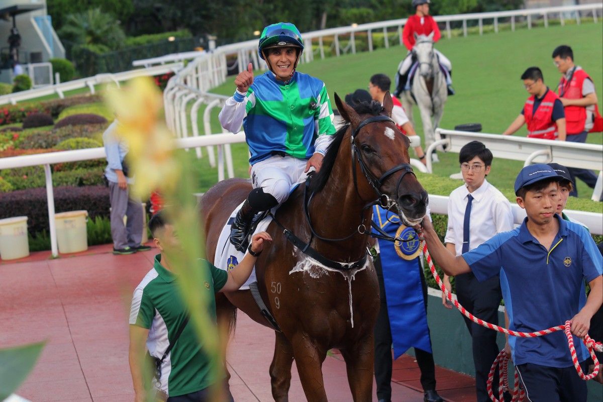 Keagan de Melo returns to the winners’ enclosure aboard Copartner Prance last term. Photos: Kenneth Chan