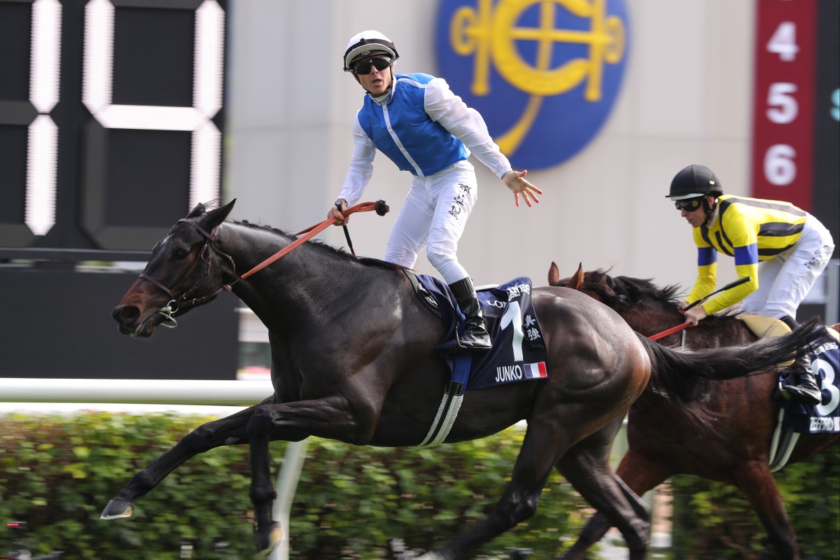 Maxime Guyon and Junko win the 2023 Group One Hong Kong Vase (2,400m). Photos: Kenneth Chan