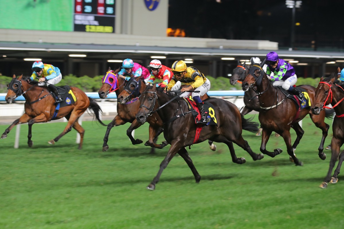 Genius Baby (centre) wins at Class Four level on Wednesday night. Photo: Kenneth Chan