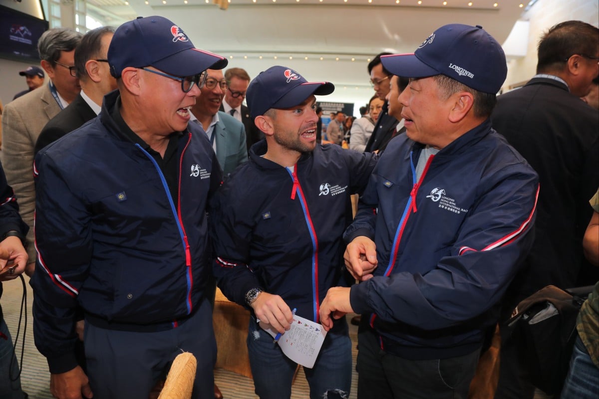 Jockey Umberto Rispoli (centre) with trainers Chris So (left) and Ricky Yiu at the International Jockeys’ Championship draw on Monday morning. Photos: Kenneth Chan
