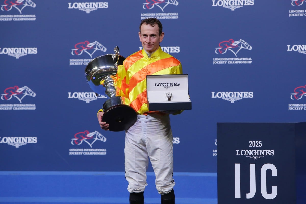 Ryan Moore celebrates his third International Jockeys’ Championship crown at Happy Valley on Wednesday night. Photos: Kenneth Chan