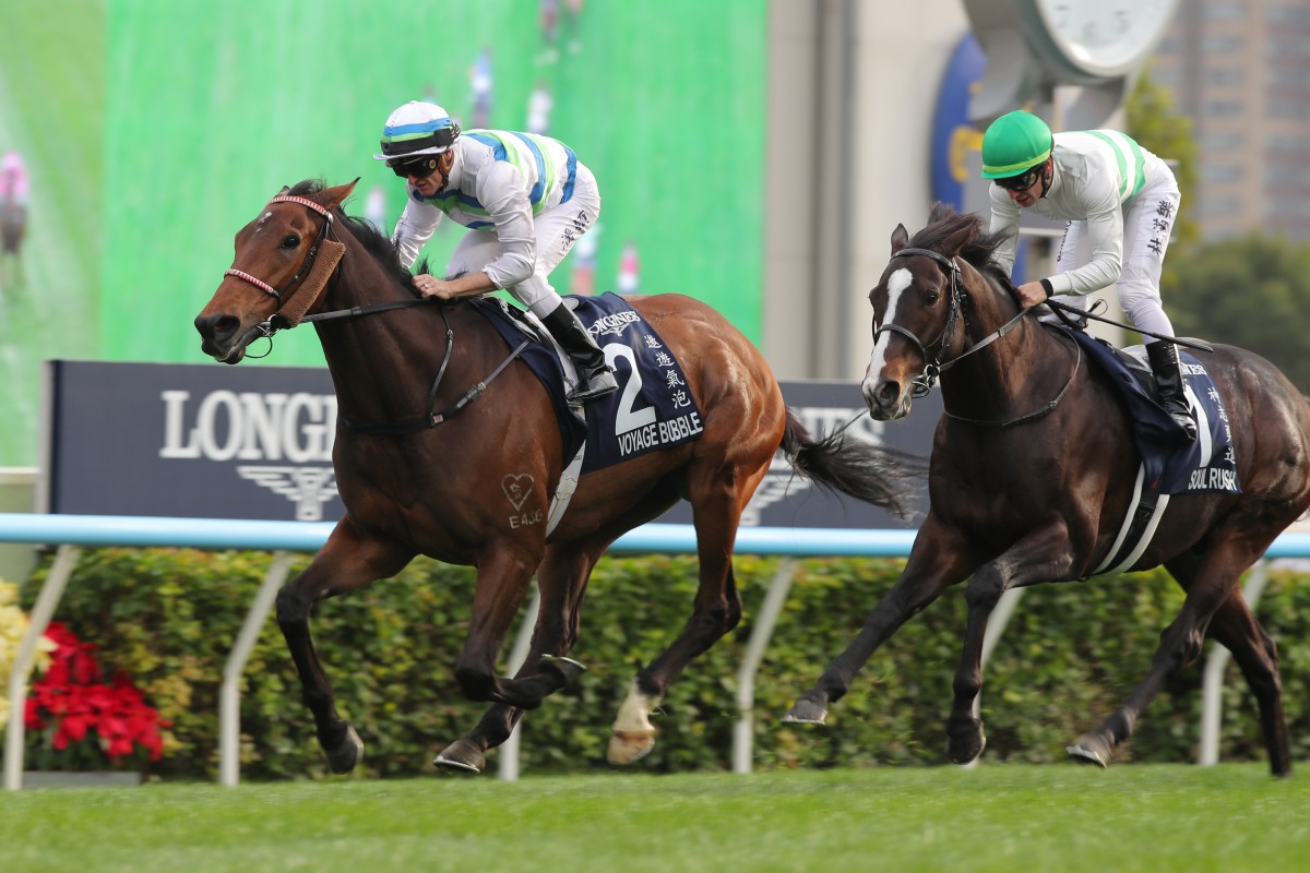 Voyage Bubble leads home Soul Rush in the Group One Hong Kong Mile. Photos: Kenneth Chan