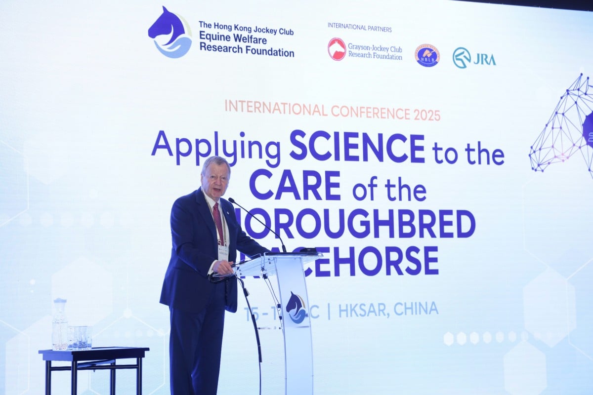 Jockey Club chief executive Winfried Engelbrecht-Bresges speaking at the HKJC Equine Welfare Research Foundation conference. Photos: HKJC