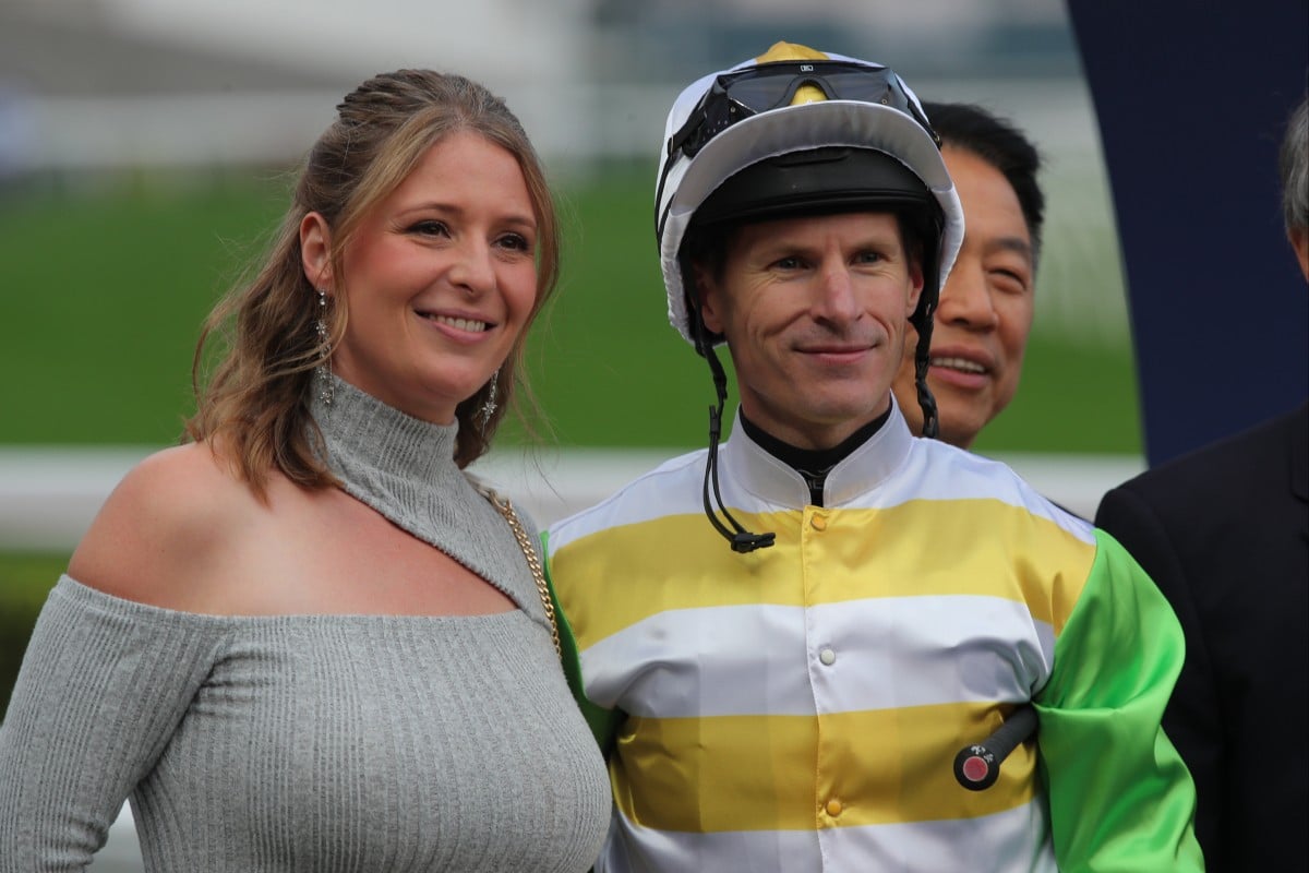 Jockey Richard Kingscote and wife Ashleigh after the former’s win on Rising Force at Sha Tin. Photos: Kenneth Chan