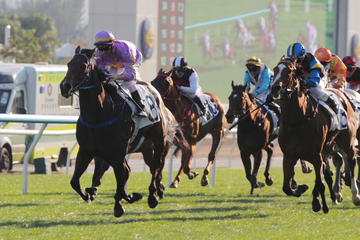 Zac Purton boots home Little Paradise in the Class Two Racing Club Cup. Photos: Kenneth Chan
